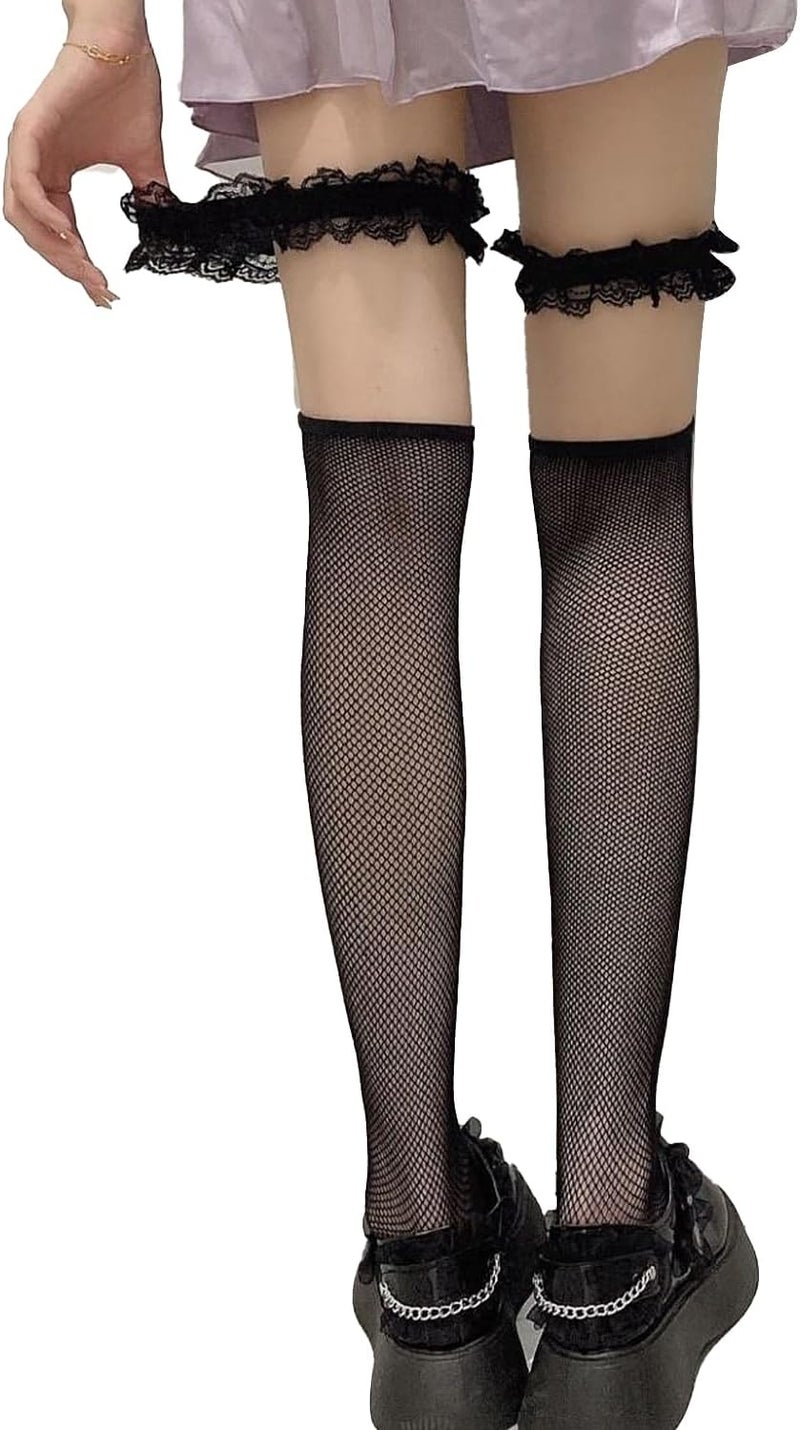 Ninejuize Thigh High Stockings with Bow, Santa Accessory Y2K Fishnet Socks with Lace Brim Lingerie Tights for Women - Image 3